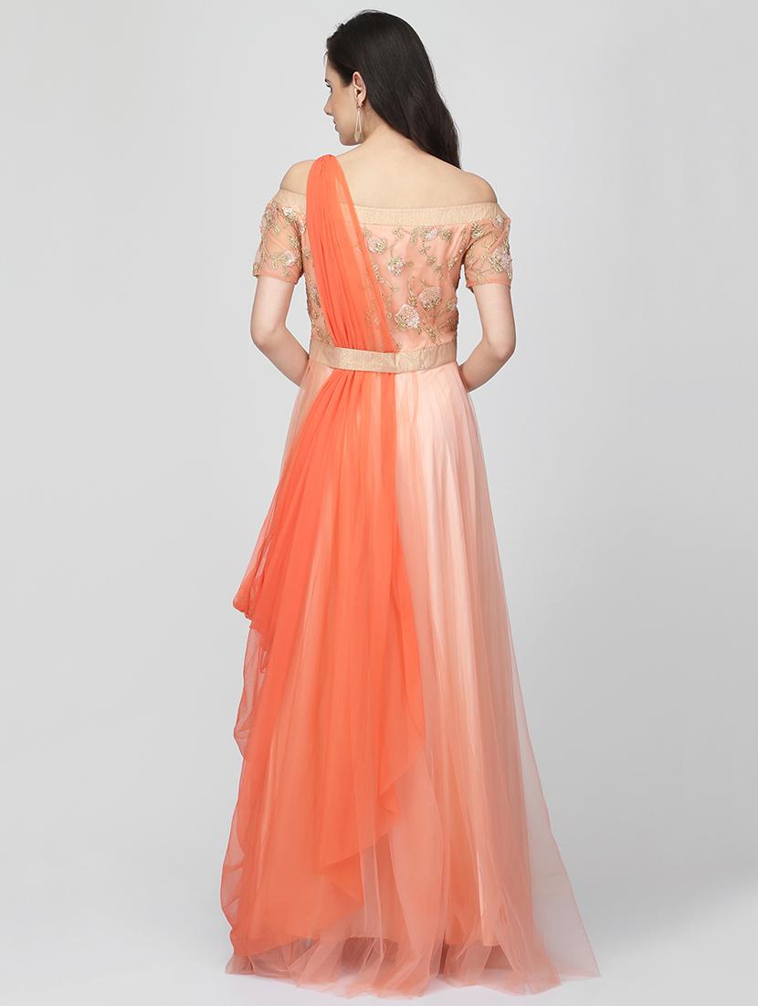 embroidered net off shoulder gown - 16013148 - Zoom Image - 3