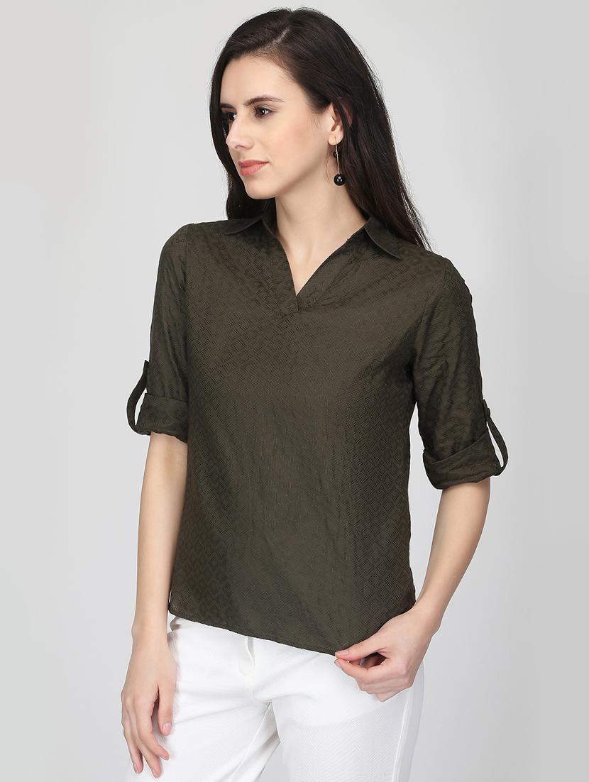 roll up sleeved back slit top - 16013495 - Zoom Image - 2