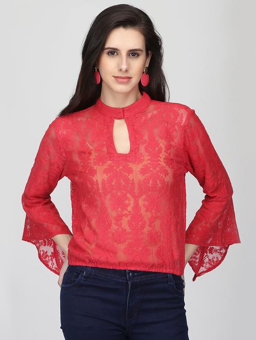 keyhole neck laced blouson top - 16013498 - Standard Image - 1