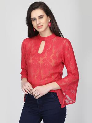 keyhole neck laced blouson top - 16013498 - Standard Image - 2
