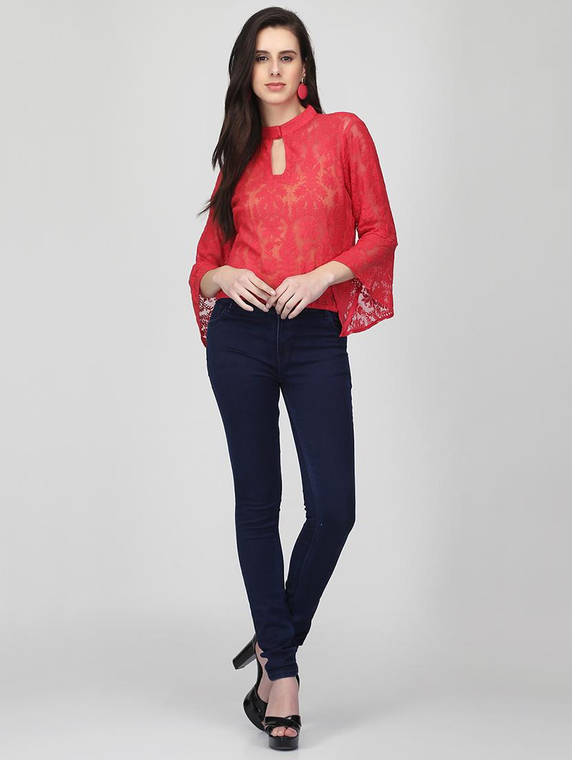 keyhole neck laced blouson top - 16013498 - Zoom Image - 4