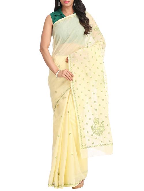 floral yellow chikankari saree - 16016609 - Very Small Image - 1