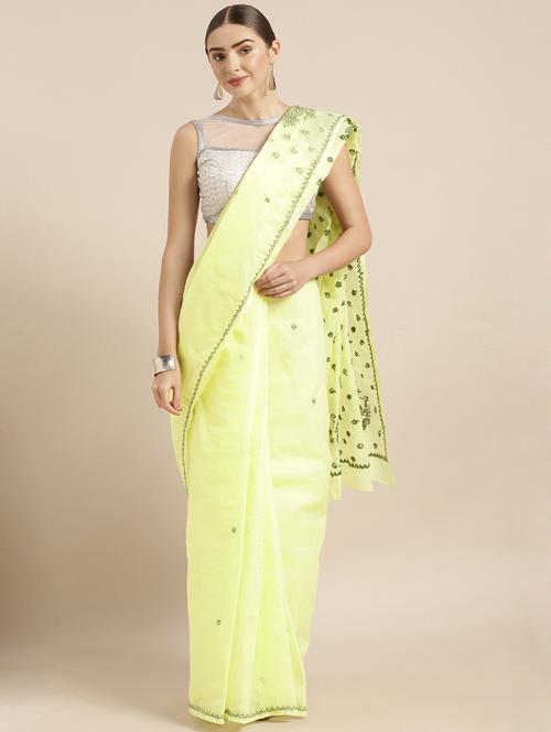 floral yellow chikankari saree - 16016609 - Standard Image - 1