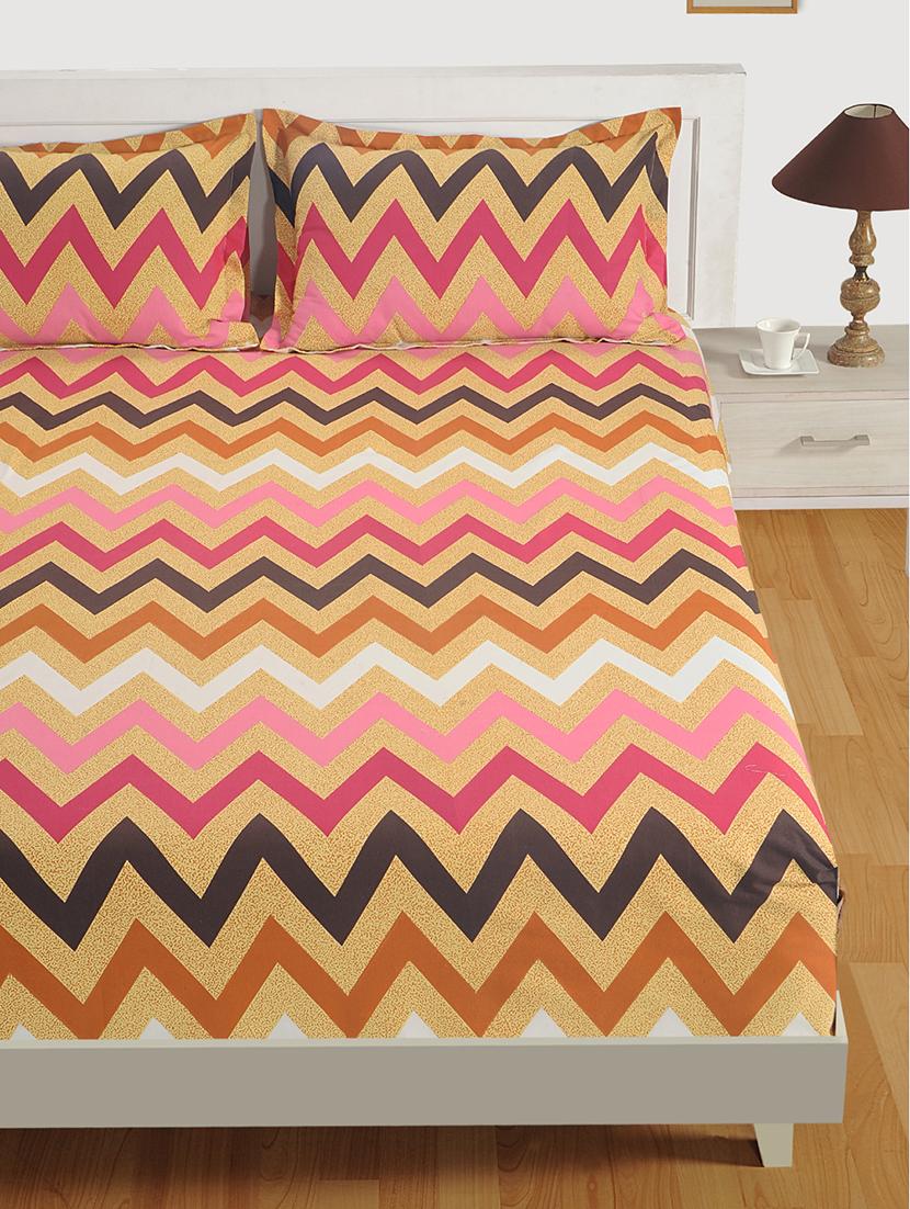 swayam 144 tc geometrical print cotton single bed sheet with 1 pillow cover - mustard, brown - 16017106 - Zoom Image - 2