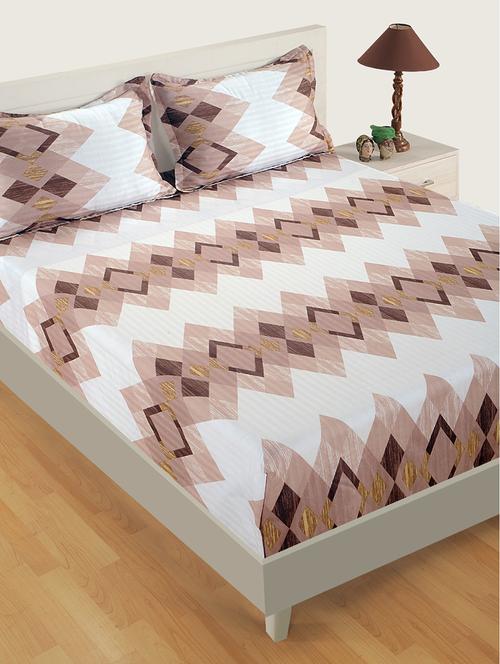 swayam 250 tc geometrical print cotton satin double bed sheet with 2 pillow cover - white, brown - 16017119 - Standard Image - 1