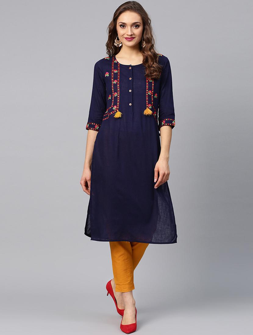 Indigo Embroidered Kurta With Solid Cigarette Pant - 16017160 - Zoom Image - 1