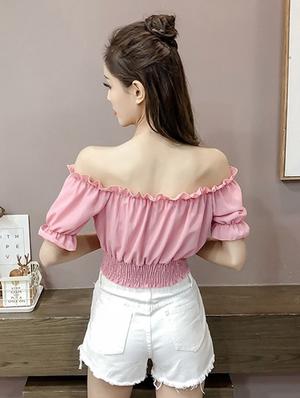 smocked hem off shoulder crop top - 16017598 - Standard Image - 2