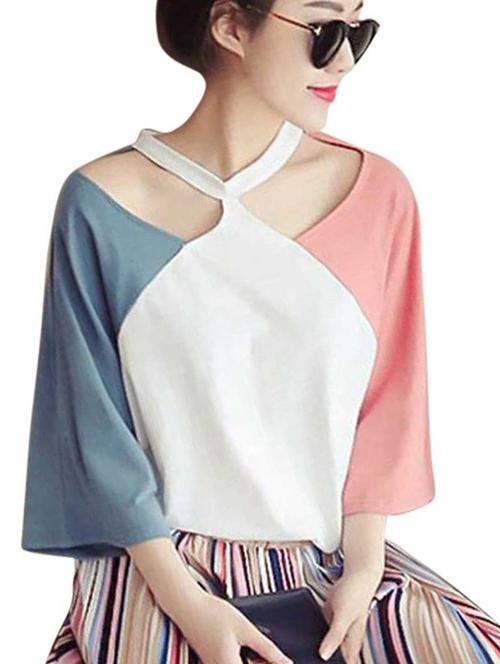 cut out neck color block top - 16017613 - Standard Image - 1