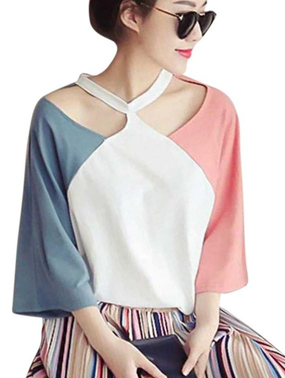cut out neck color block top - 16017613 - Zoom Image - 1