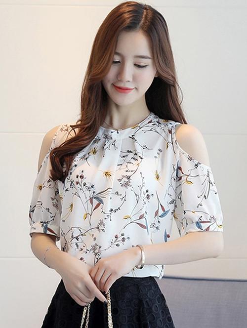 pleated neck floral cold shoulder top - 16017618 - Standard Image - 1