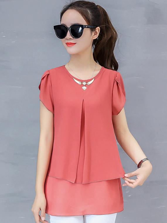 embellished neck pleat detail top - 16017638 - Zoom Image - 1