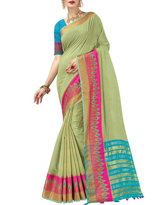 contrast zari border woven saree with blouse - 16018373 - Standard Image - 1