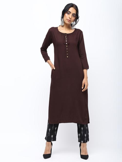 solid placket detail straight kurta - 16019698 - Standard Image - 1