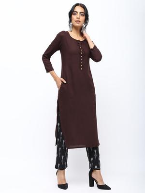 solid placket detail straight kurta - 16019698 - Standard Image - 2