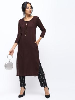 solid placket detail straight kurta - 16019698 - Standard Image - 4