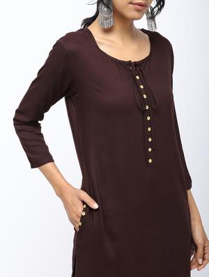 solid placket detail straight kurta - 16019698 - Standard Image - 5