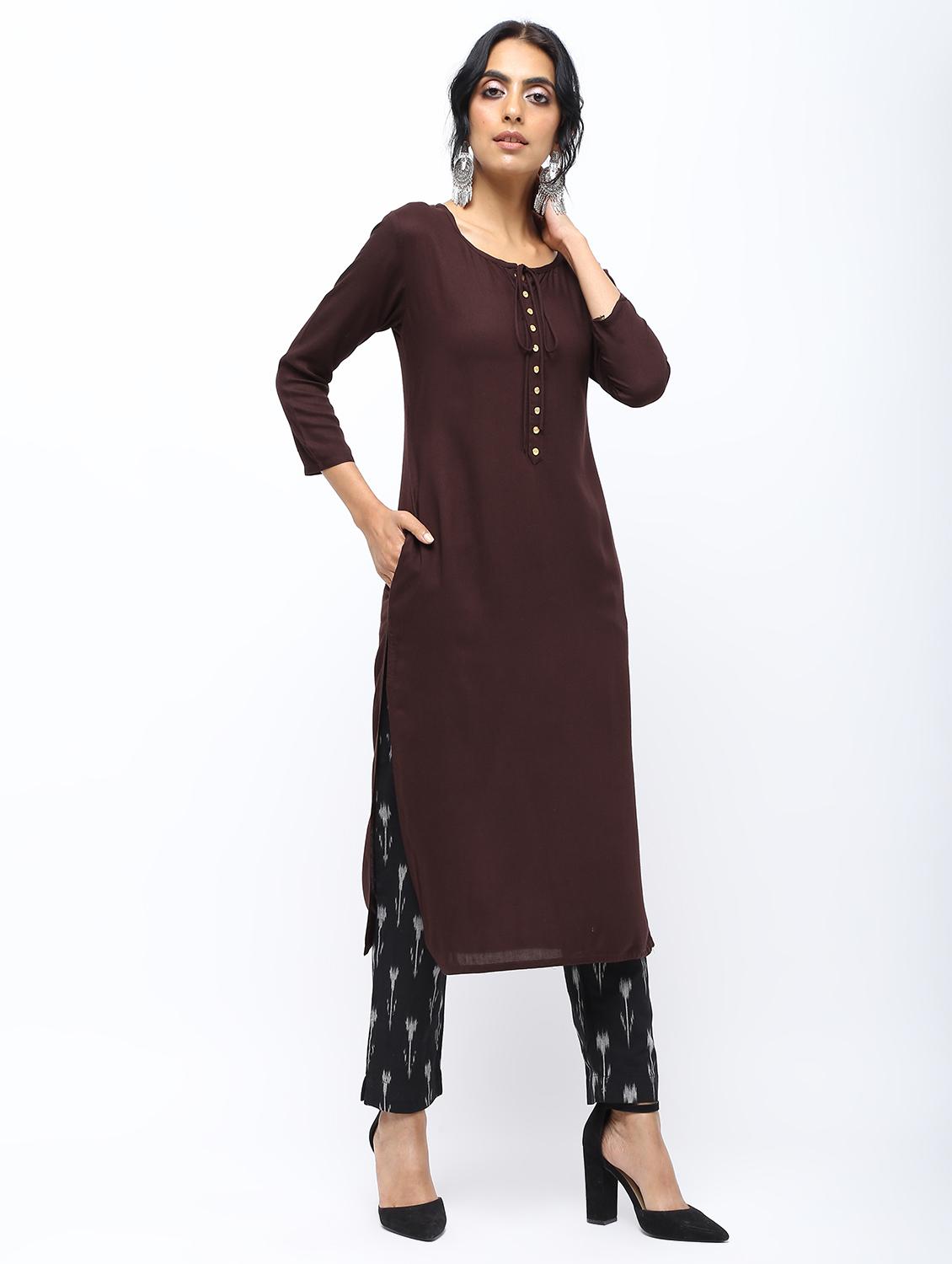 solid placket detail straight kurta - 16019698 - Zoom Image - 2