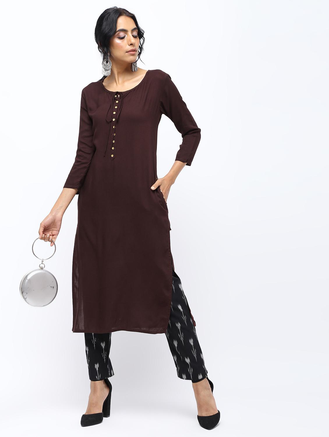 solid placket detail straight kurta - 16019698 - Zoom Image - 4