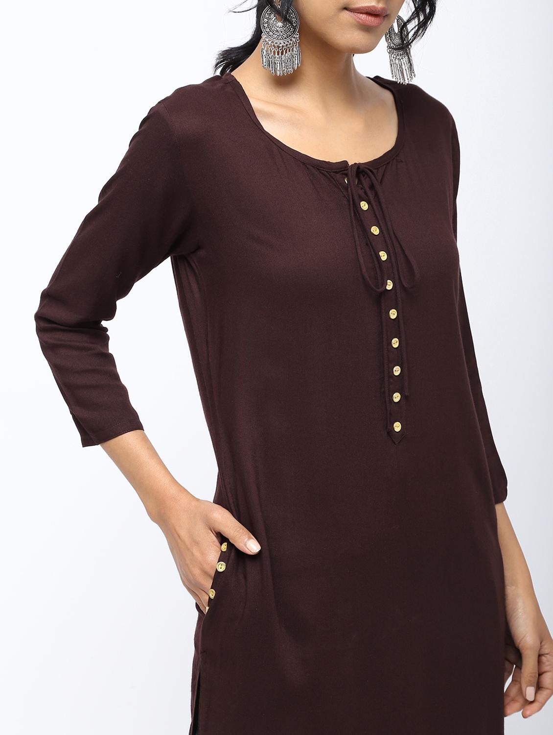 solid placket detail straight kurta - 16019698 - Zoom Image - 5