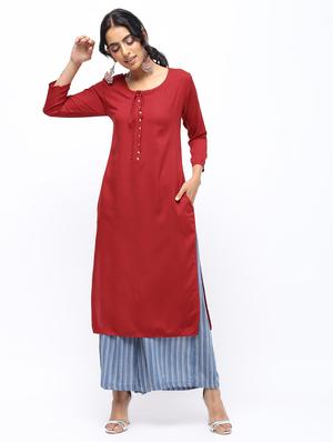 solid placket detail straight kurta - 16019699 - Standard Image - 2