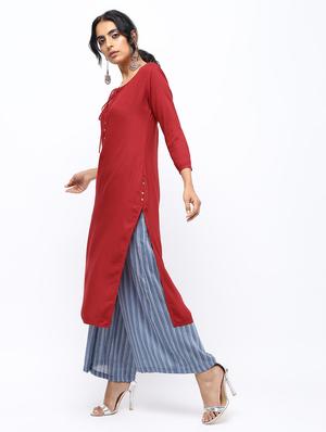 solid placket detail straight kurta - 16019699 - Standard Image - 3