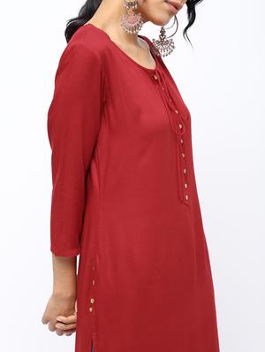 solid placket detail straight kurta - 16019699 - Standard Image - 5