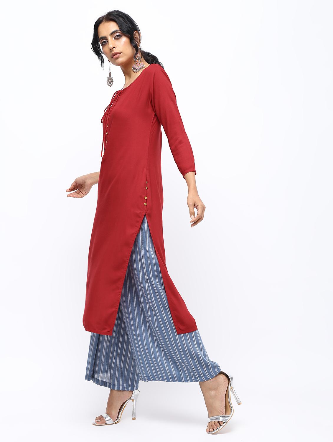 solid placket detail straight kurta - 16019699 - Zoom Image - 3