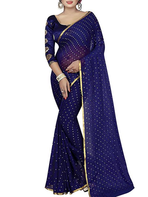navy chiffon embroidered saree with blouse - 16023658 - Very Small Image - 1