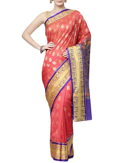 conversational zari motif orange woven saree with blouse - 16024775 - Standard Image - 1