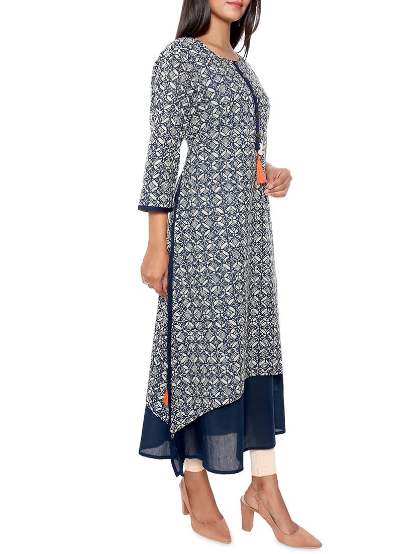 printed layered kurta with tassels - 16029098 - Zoom Image - 2