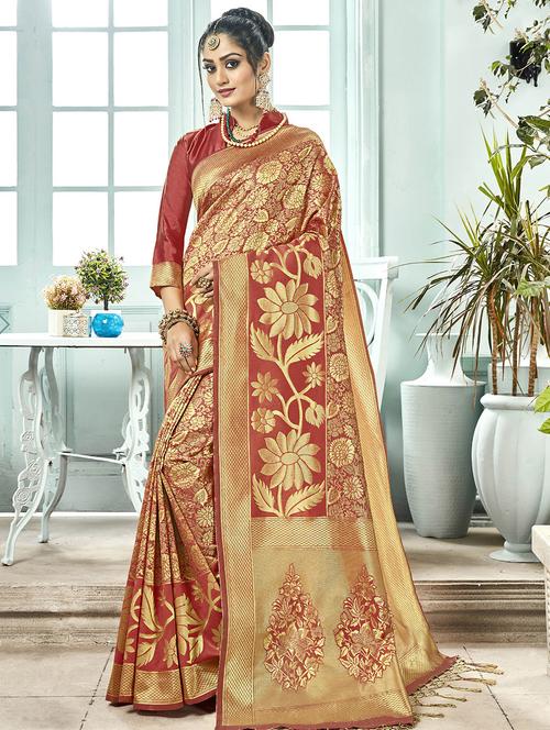 floral zari motif maroon kanjivaram saree with blouse - 16029391 - Standard Image - 1