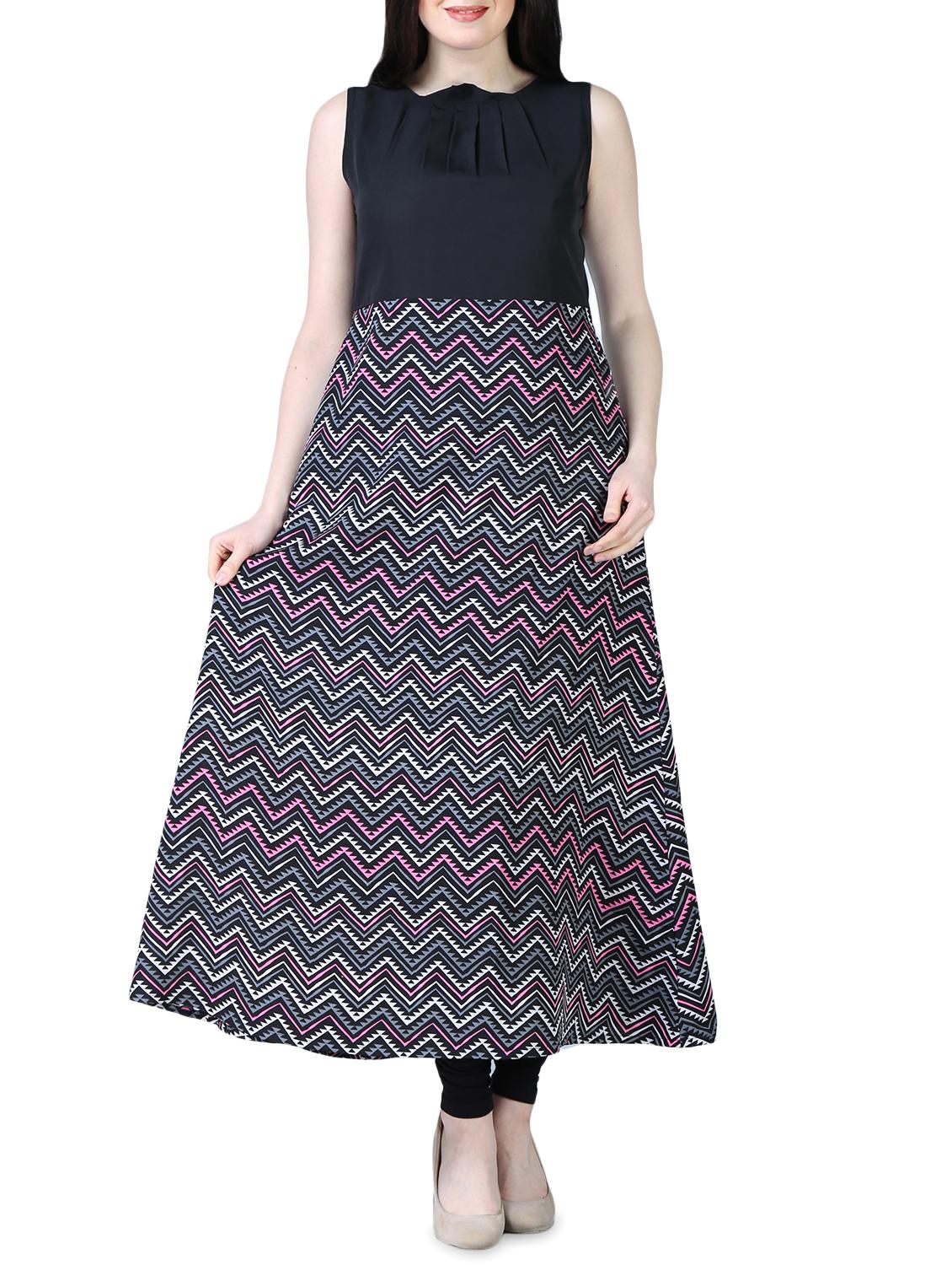 pleated neck chevron fit & flare kurta - 16030621 - Zoom Image - 1