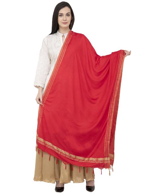 Gold bordered plain dupatta with fringes - 16039332 - Standard Image - 1