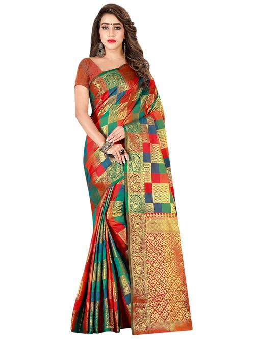 checkered zari motif banarasi saree with blouse - 16045812 - Standard Image - 1
