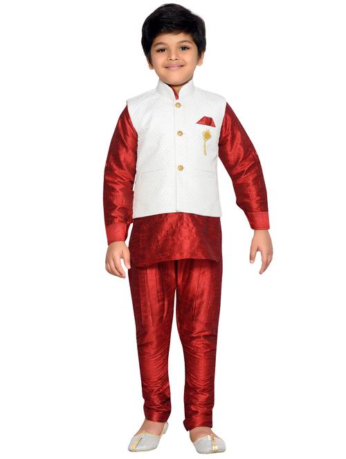 red silk blend kurta set with nehru jacket - 16045821 - Standard Image - 1