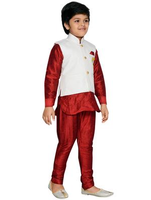 red silk blend kurta set with nehru jacket - 16045821 - Standard Image - 2