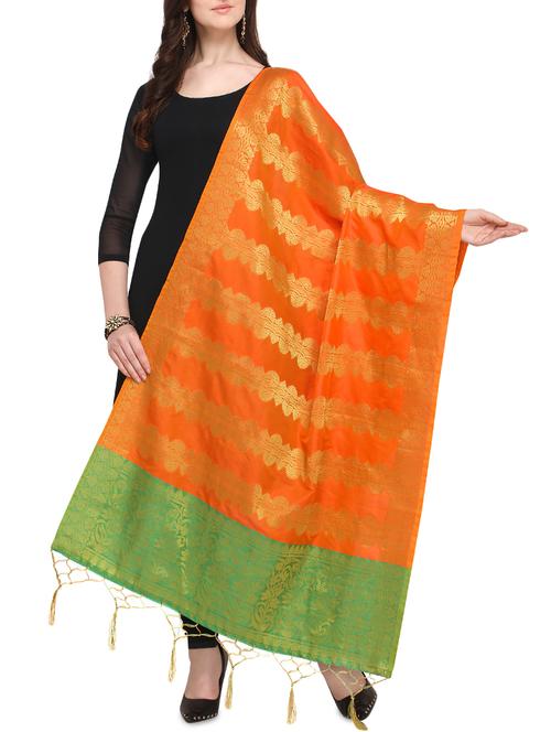 silk blend banarasi dupatta with fringes - 16046090 - Standard Image - 1