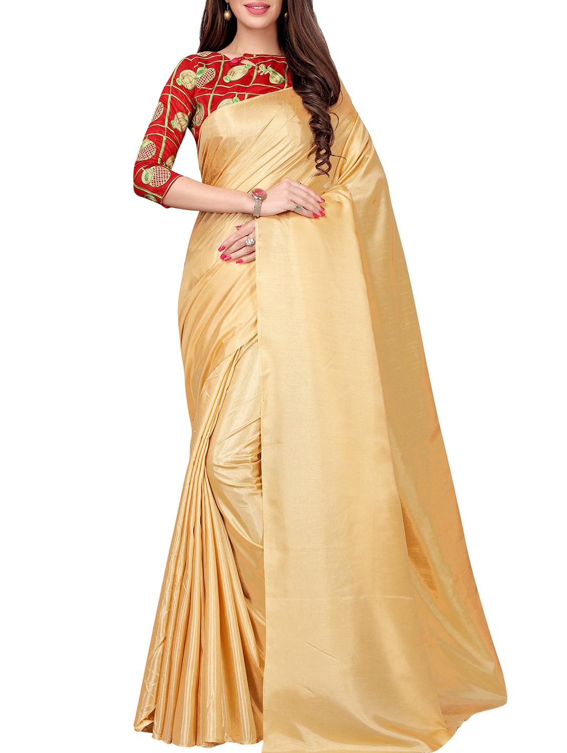 beige silk plain saree with blouse - 16046108 - Zoom Image - 1