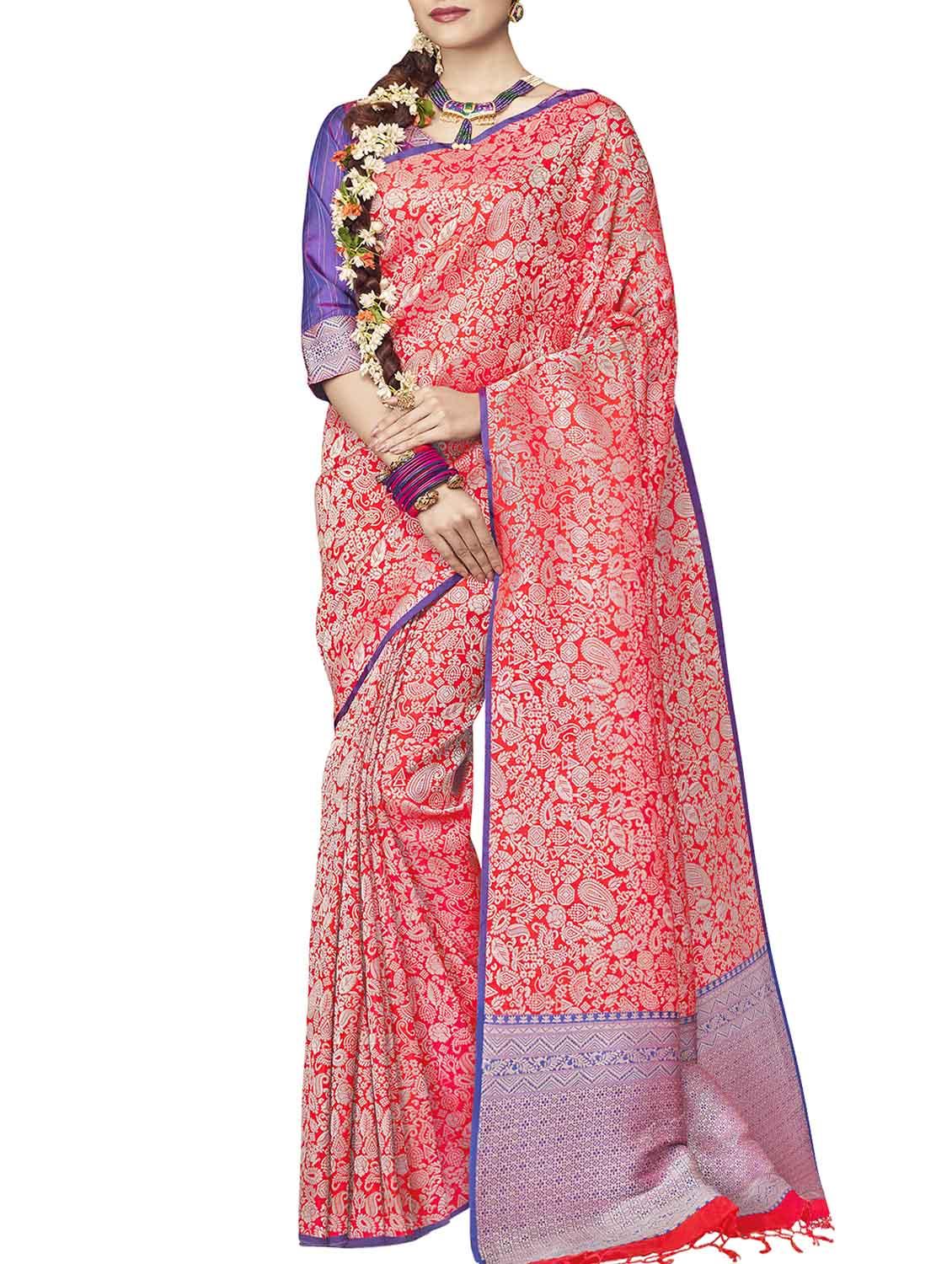 paisley zari motif red woven saree with blouse - 16047522 - Zoom Image - 1