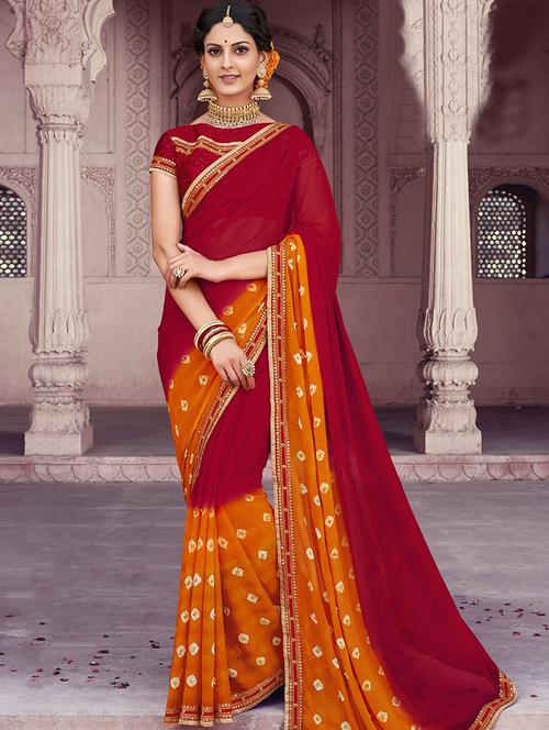 embellished bandhani saree with blouse - 16048443 - Very Small Image - 1