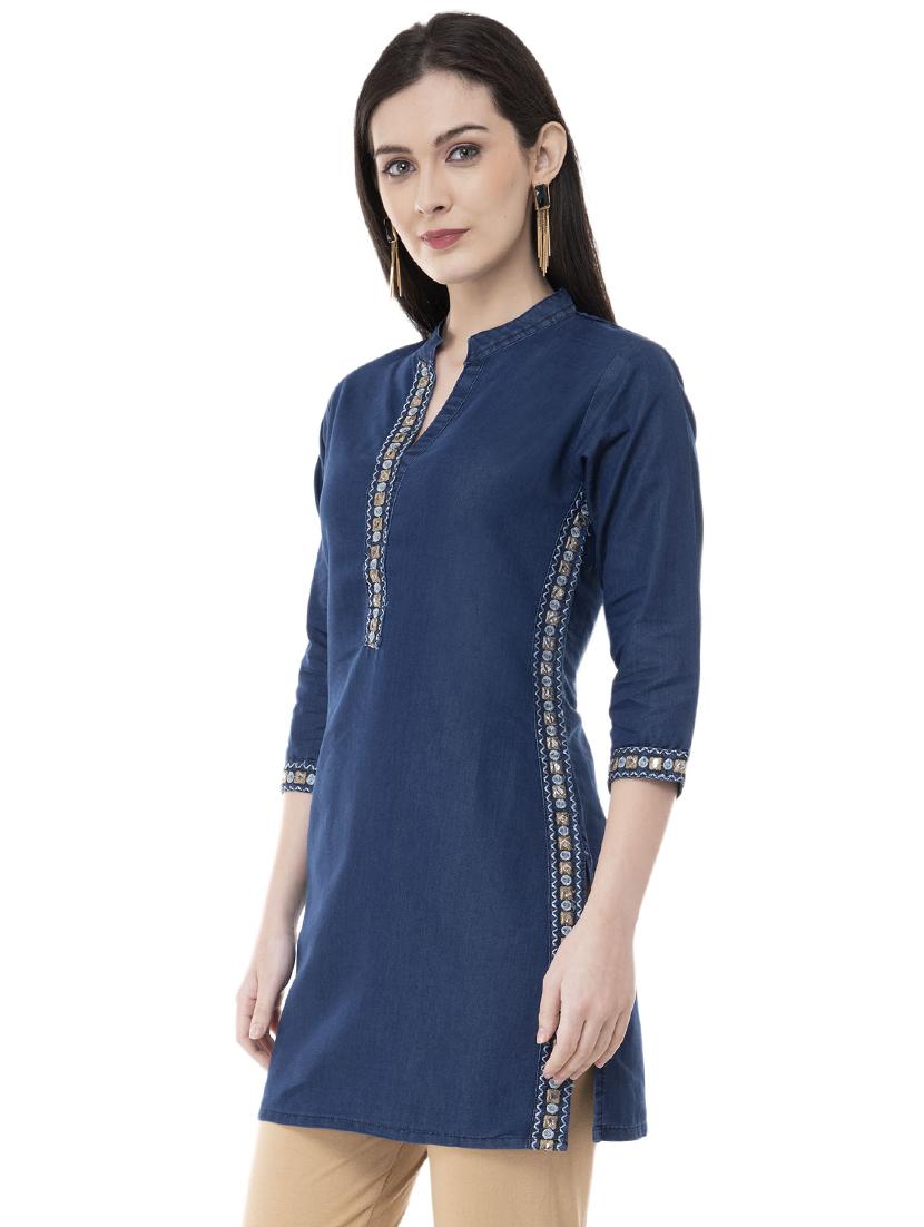 embroidered denim straight kurti - 16051117 - Zoom Image - 2