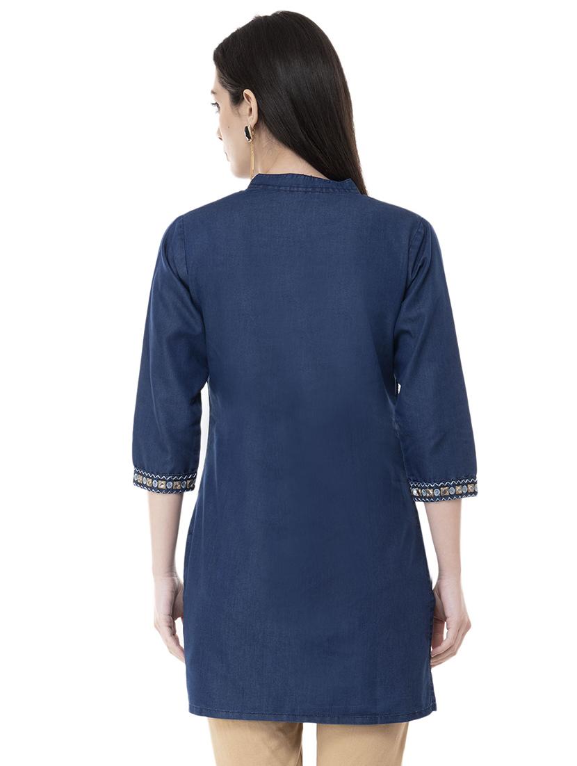 embroidered denim straight kurti - 16051117 - Zoom Image - 3
