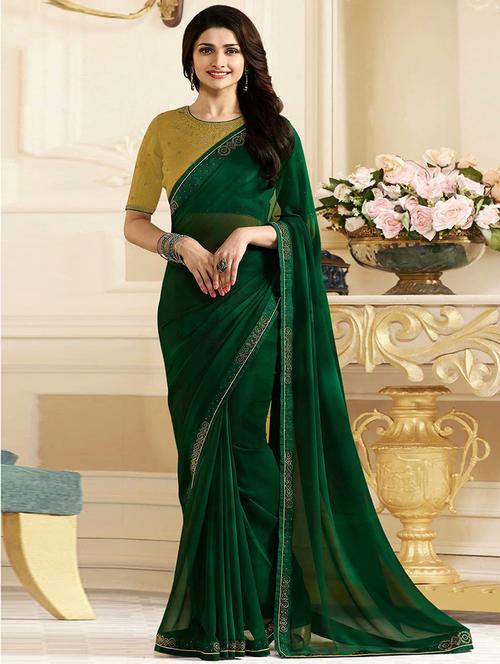embroidery bordered solid saree with blouse - 16051292 - Standard Image - 1
