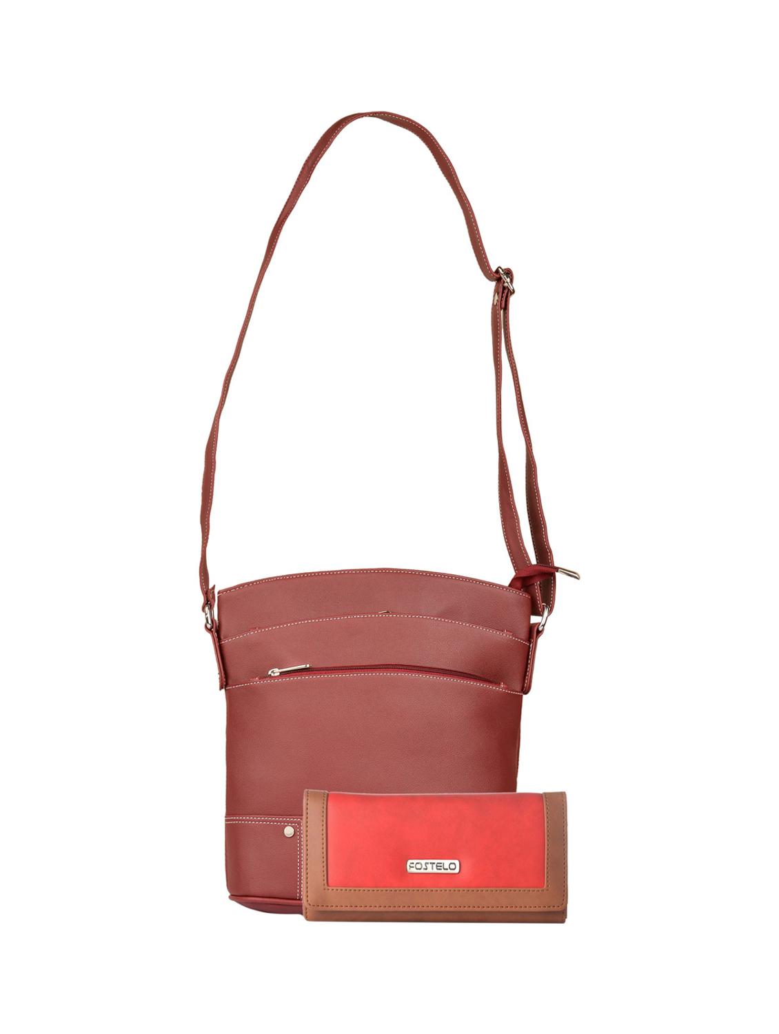 maroon leatherette (pu) sling bag and wallet combo - 16052640 - Zoom Image - 1