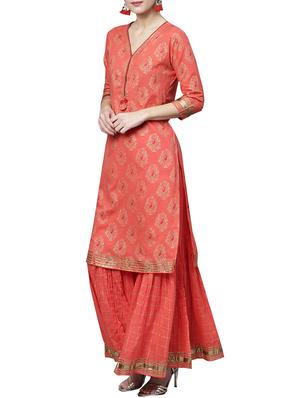 block print kurta with checkered sharara set - 16053455 - Standard Image - 2