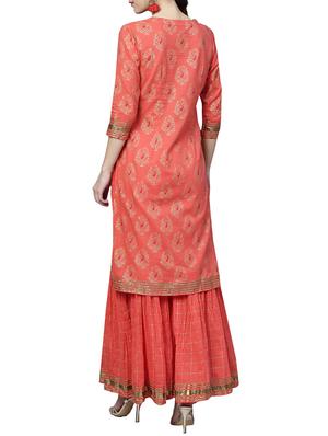 block print kurta with checkered sharara set - 16053455 - Standard Image - 3
