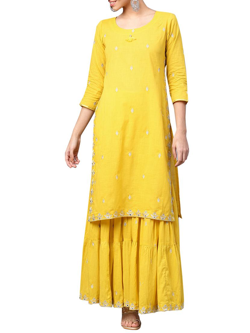 embroidered kurta with tiered sharara set - 16053460 - Zoom Image - 1