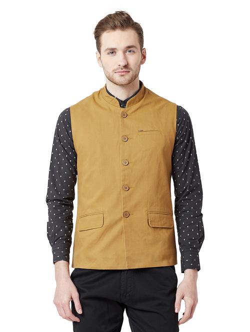 yellow cotton nehru jacket - 16055476 - Very Small Image - 1