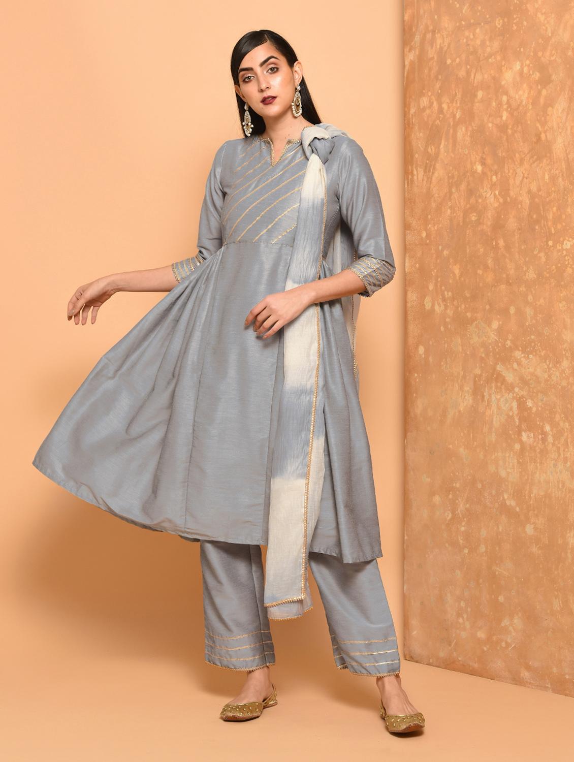 gota lace border flared kurta - 16057243 - Zoom Image - 1