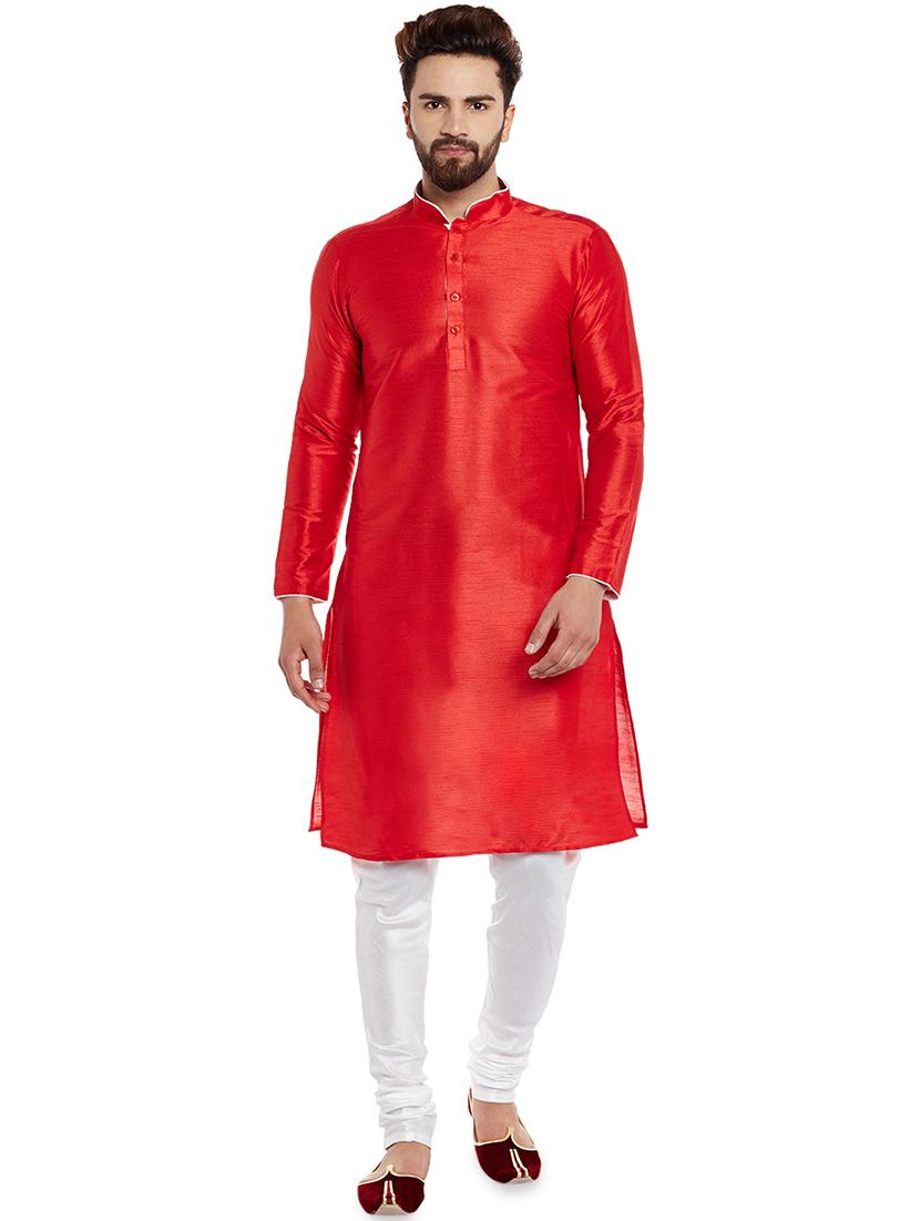 red silk blend kurta pyjama set - 16058841 - Zoom Image - 1